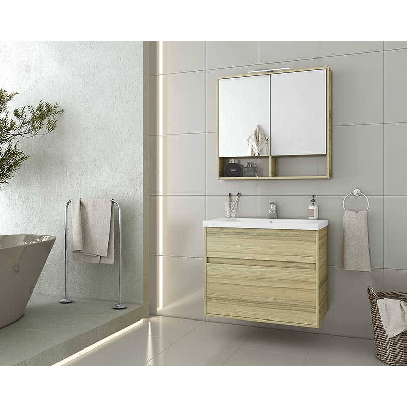 Έπιπλο μπάνιου σετ με νιπτήρα και καθρέπτη με ντουλάπι DROP Instinct 80 Natural Oak